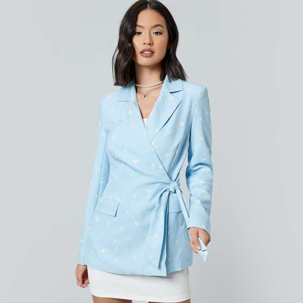 

Daisy Floral Print Lapel Neck Tie Side Blazer, Pastel baby blue