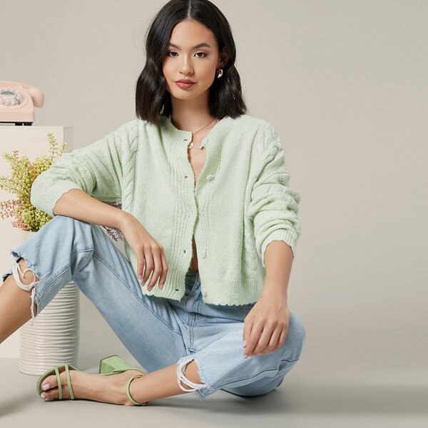 

Drop Shoulder Cable Knit Cardigan, Mint green