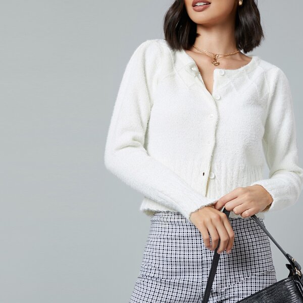 

Button Up Fluffy Knit Cardigan, White