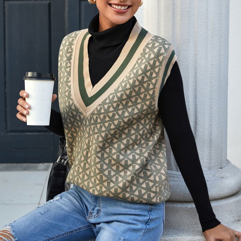 

V Neck Striped Trim Sweater Vest, Multicolor