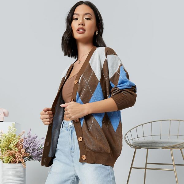 

Drop Shoulder Argyle Cardigan, Multicolor