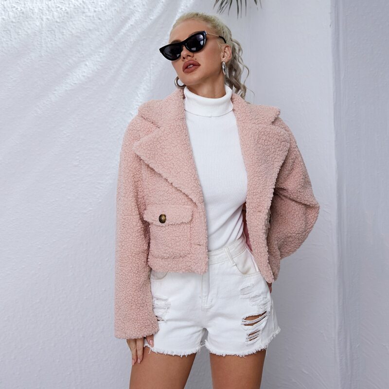 

Lapel Neck Flap Pocket Teddy Jacket, Dusty pink