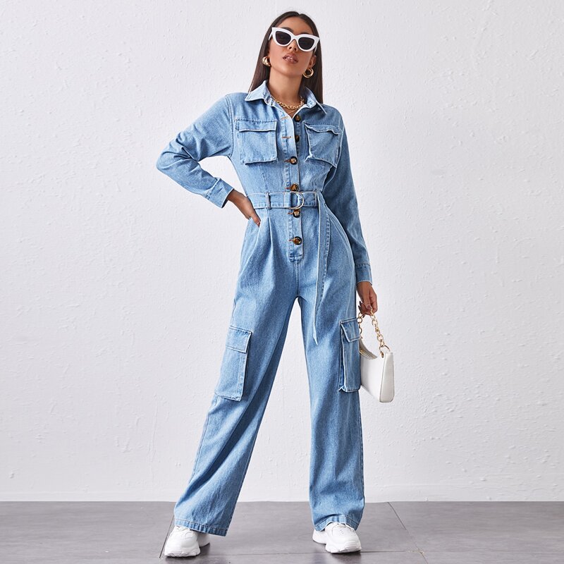 

Button Front Patch Pocket Belted Denim Jumpsuit, Light wash