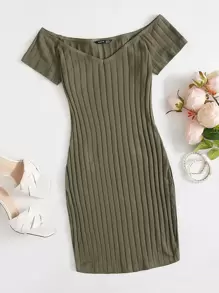 SHEIN EZwear 露肩羅紋針織包臀洋裝 - 軍綠色 - 查看 1