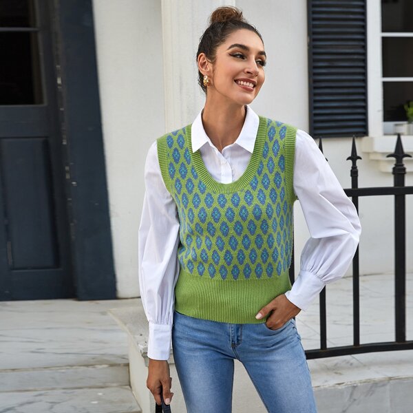 

Floral Sleeveless Sweater Vest, Lime green