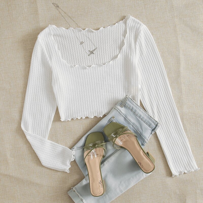 

Waffle Knit Lettuce-Edge Crop Top, White