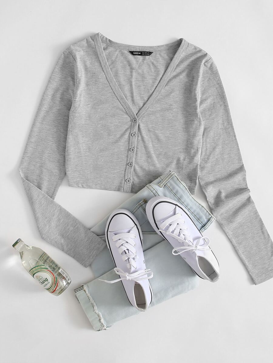 SHEIN BASICS Heathered Knit Button-Front Crop Top - Light Grey - View 1