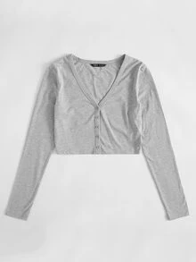SHEIN BASICS Heathered Knit Button-Front Crop Top - Light Grey - View 3