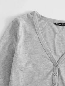 SHEIN BASICS Heathered Knit Button-Front Crop Top - Light Grey - View 5