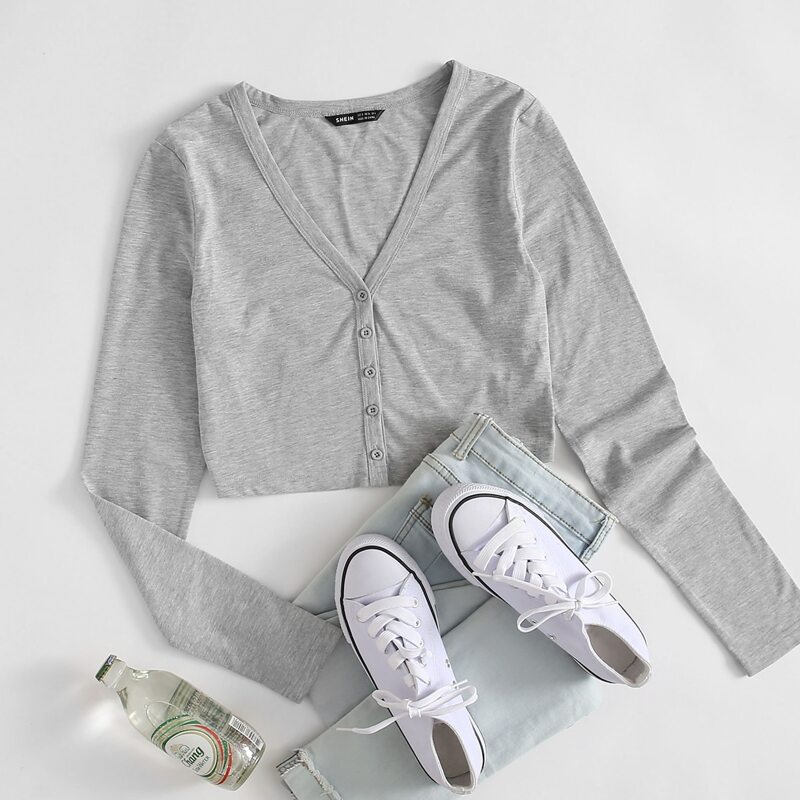 

Heathered Knit Button-Front Crop Top, Light grey