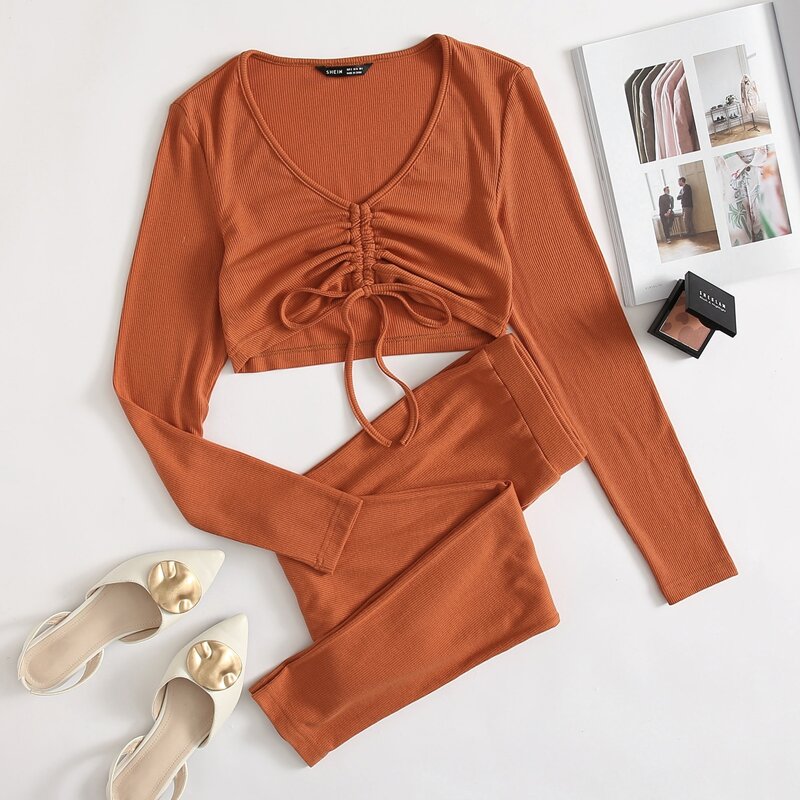 

Drawstring Front Crop Top & Legging Set, Rust brown