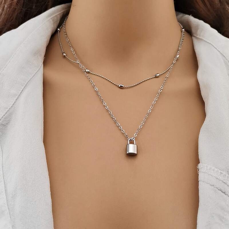 

Lock Layered Necklace, Silver