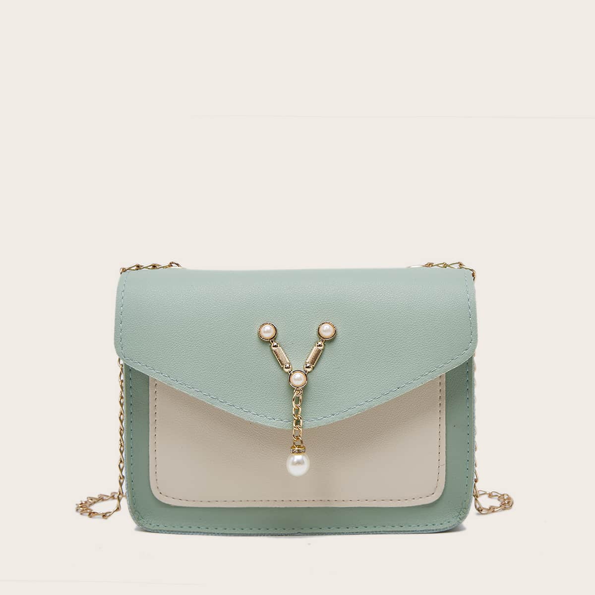 

Faux Pearl Decor Color Block Crossbody Bag, Green
