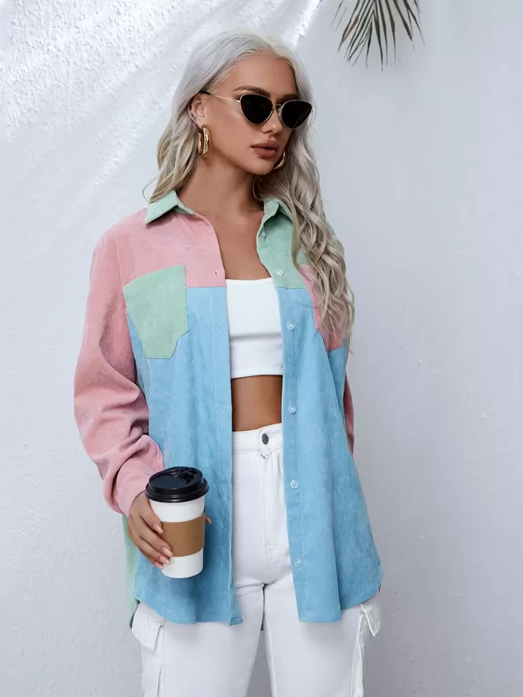 SHEIN Colourblock Button-Front Patch Pocket Shirt - Multicolor - View 1