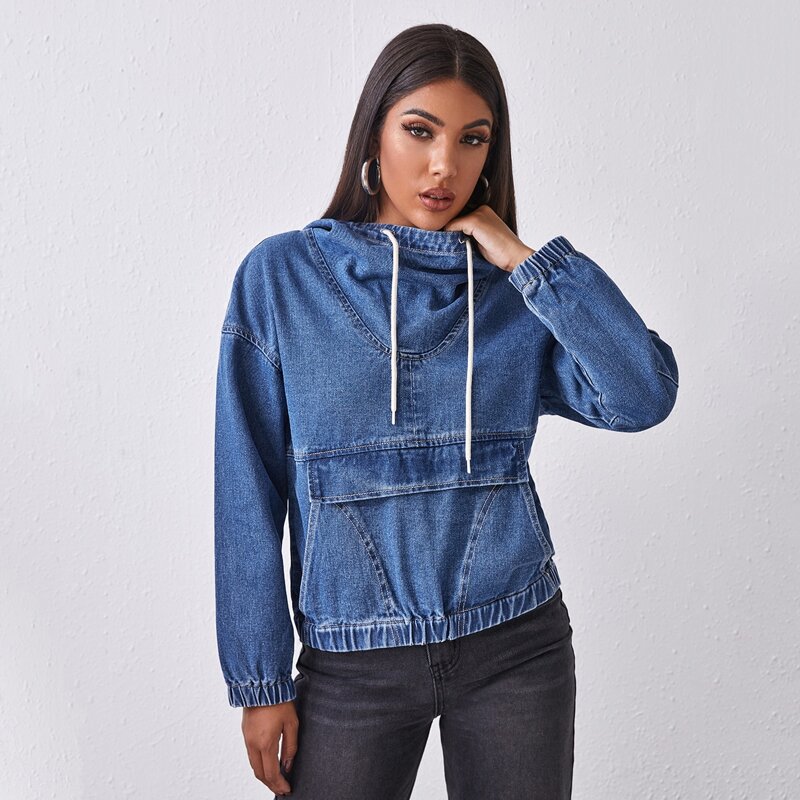 

Drop Shoulder Drawstring Hooded Denim Top, Medium wash