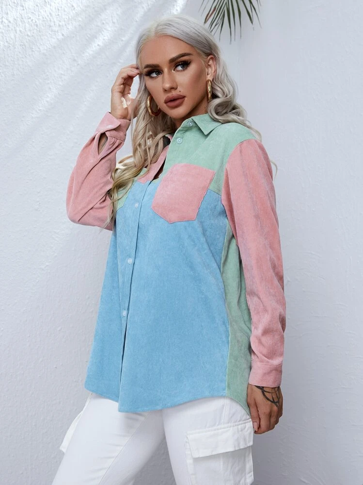 SHEIN Colourblock Button-Front Patch Pocket Shirt - Multicolor - View 4