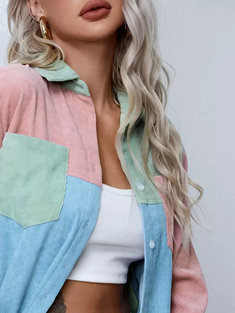 SHEIN Colourblock Button-Front Patch Pocket Shirt - Multicolor - View 5