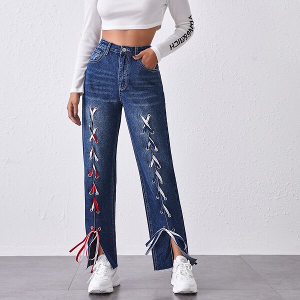 

High-Waisted Lace Up Straight Jeans, Dark wash