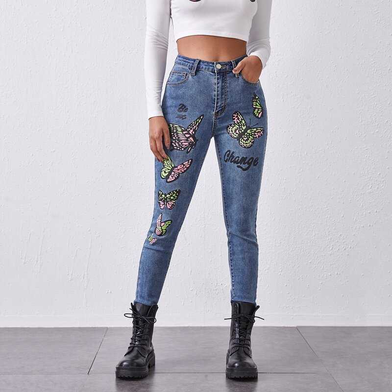 

High-Waisted High Stretch Butterfly & Letter Graphic Jeans, Medium wash