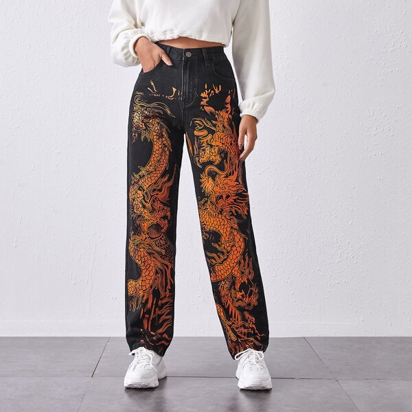 

High-Waisted Chinese Dragon Graphic Straight Jeans, Black