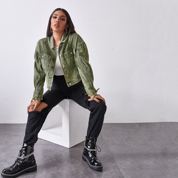

Button Front Drop Shoulder Denim Jacket, Army green