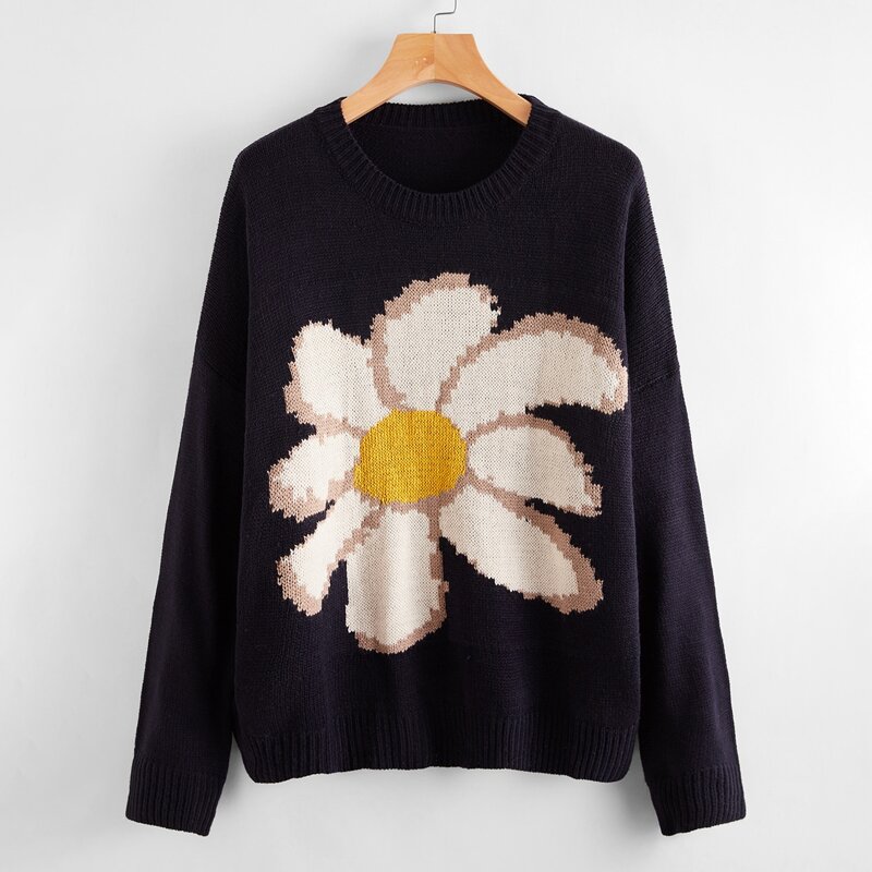 

Flower Graphic Knit Sweater, Navy blue