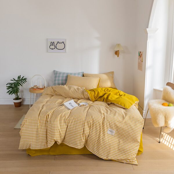 

Gingham Pattern Bedding Set Without Filler, Mustard yellow