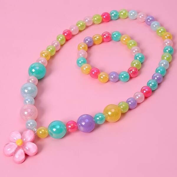 

2pcs Girls Flower Decor Beaded Jewelry Set, Multicolor