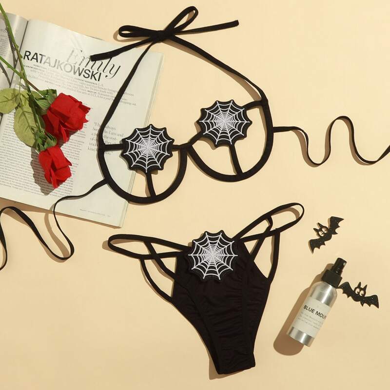 

Spider Web Applique Underwire Harness Lingerie Set, Black