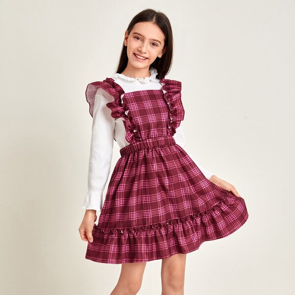 

Girls Ruffle Strap Plaid Dress, Burgundy