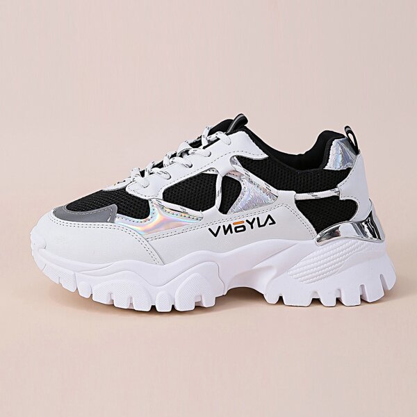 

Holographic Detail Lace Up Front Chunky Sneakers, Black and white