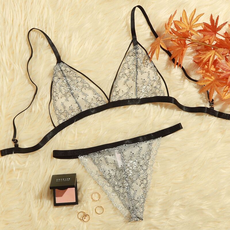 

Floral Lace Triangle Tanga Lingerie Set, Black and white