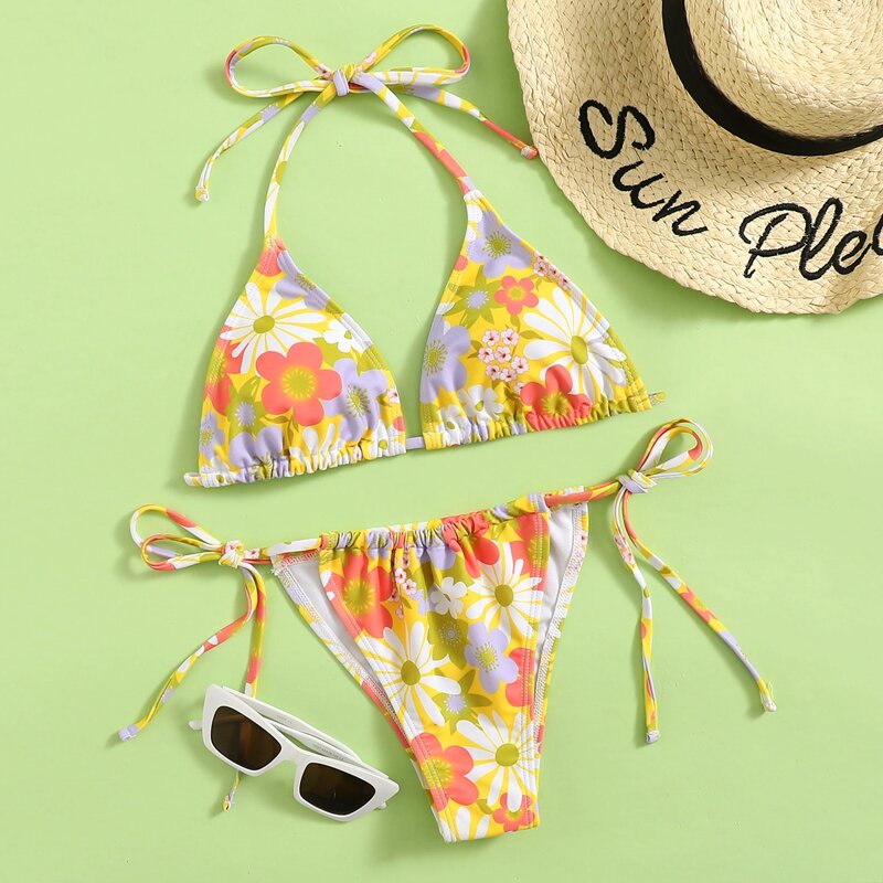 

Floral Triangle Tie Side Bikini Swimsuit, Multicolor