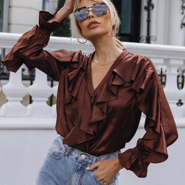 

Flounce Sleeve Ruffle Trim Blouse, Chocolate brown