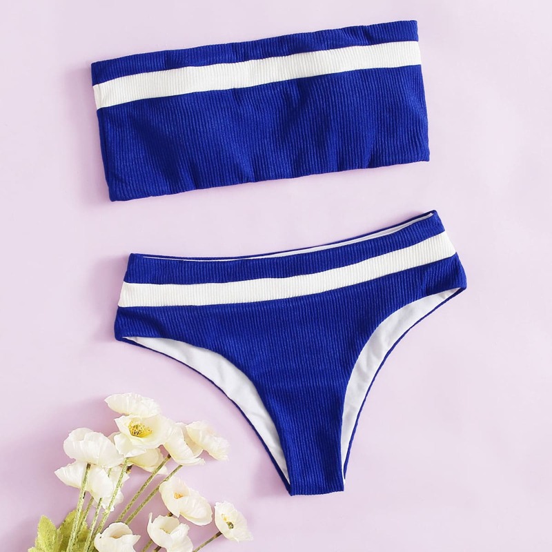 

Ribbed Colorblock Bandeau Bikini Swimsuit, Royal blue