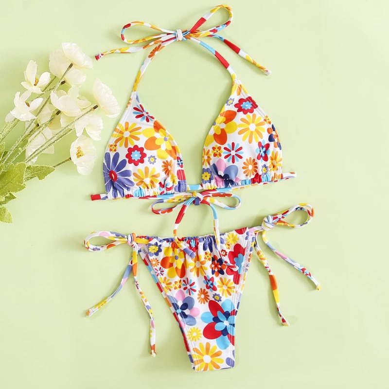 

Floral Triangle Thong Bikini Swimsuit, Multicolor