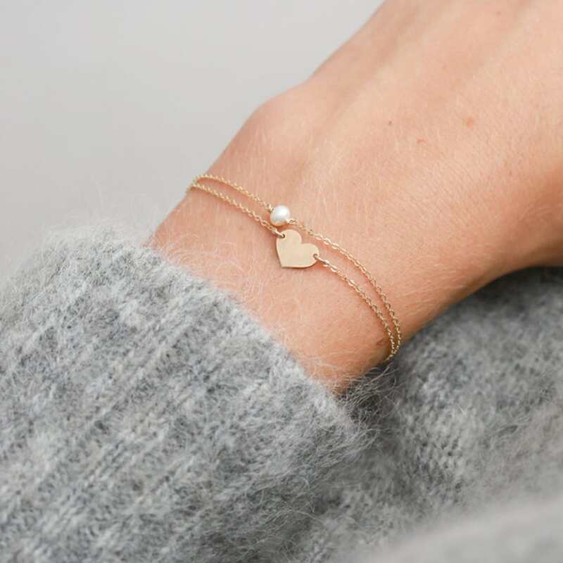 

1pc Heart & Faux Pearl Bracelet, Gold