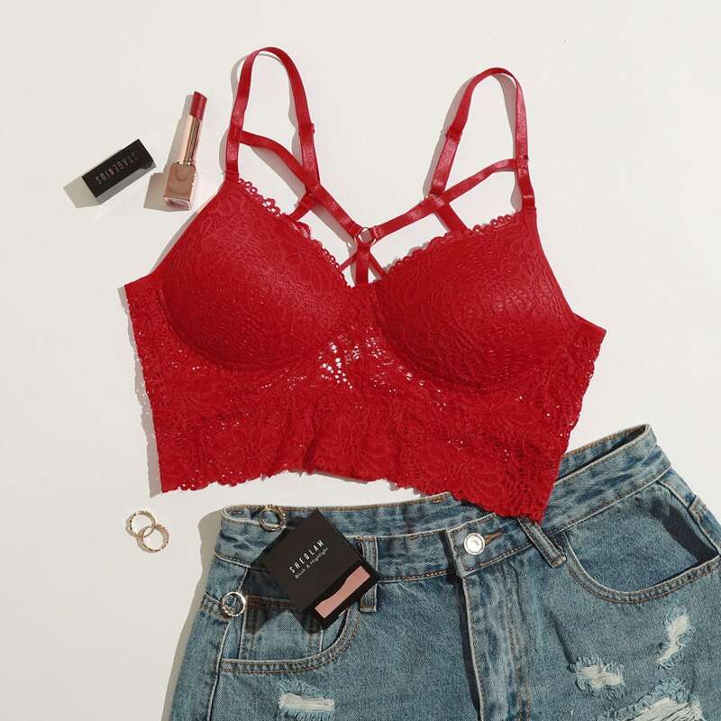 

Floral Lace Harness Bralette, Red