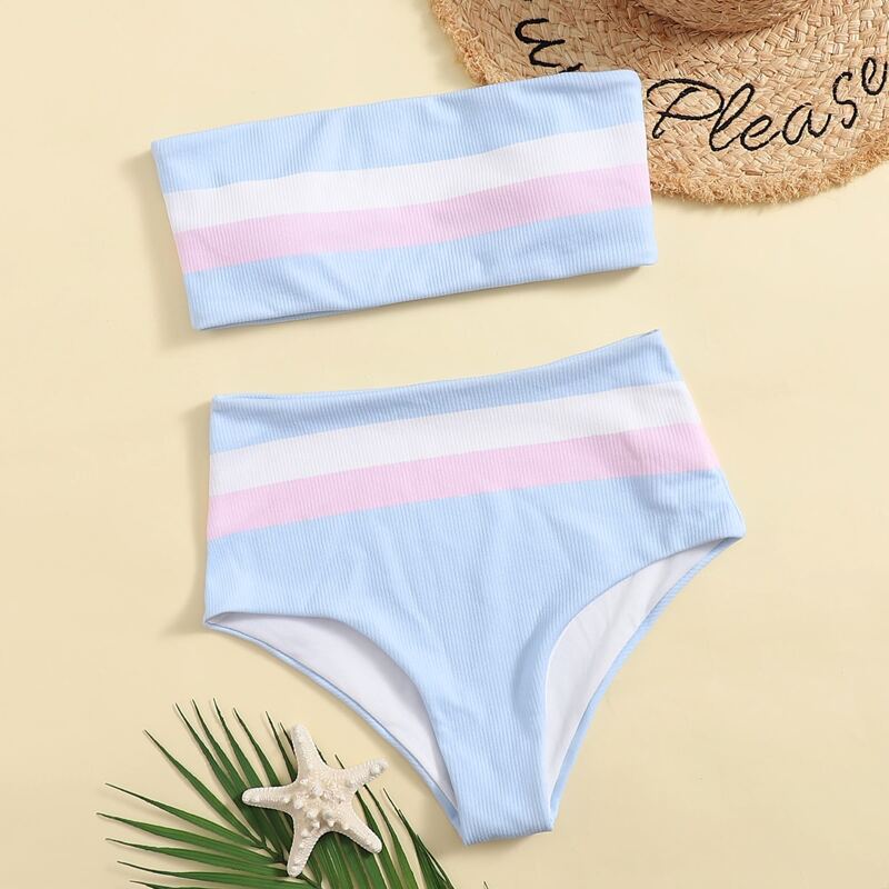 

Stripe Bandeau High Waist Bikini Swimsuit, Multicolor