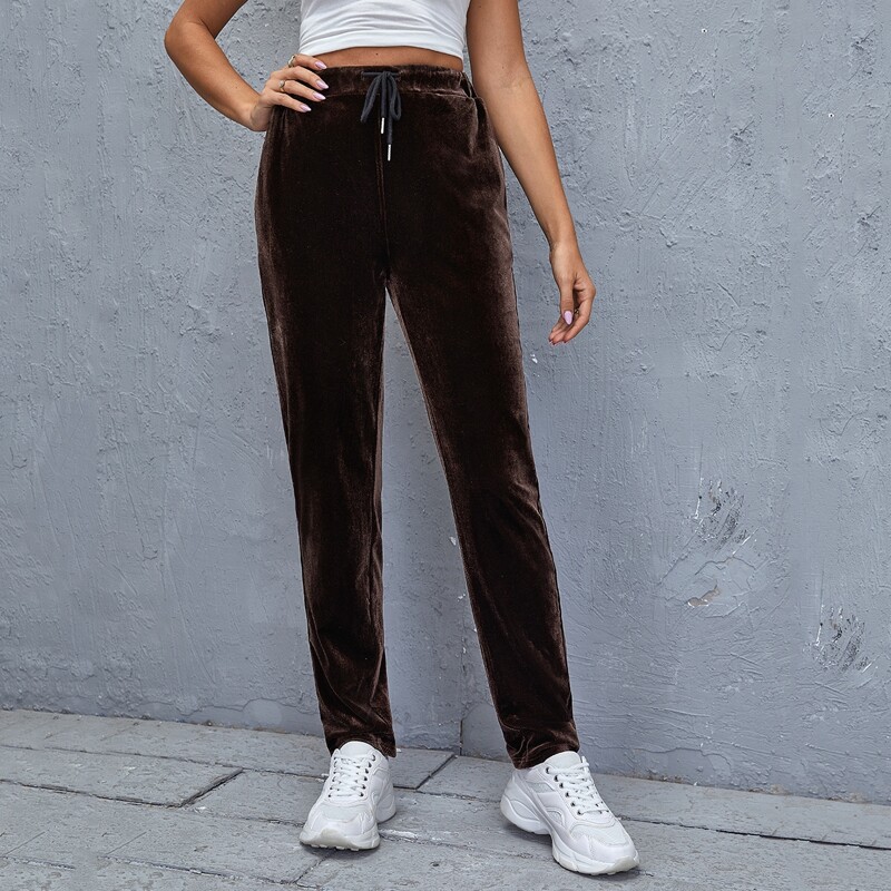 

Drawstring Waist Velvet Pants, Chocolate brown