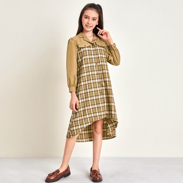 

Girls Notched Collar High Low Hem Tartan Shirt Dress, Multicolor