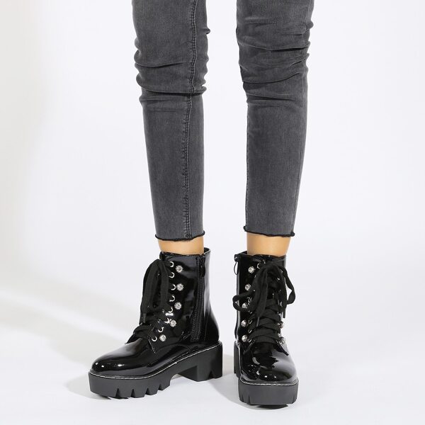

Rhinestone Decor Lace-up Front Combat Boots, Black