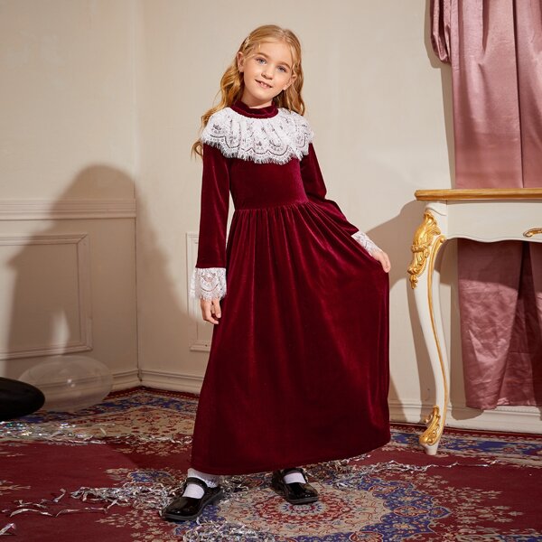 

Girls Contrast Lace Trim Velvet Dress, Burgundy