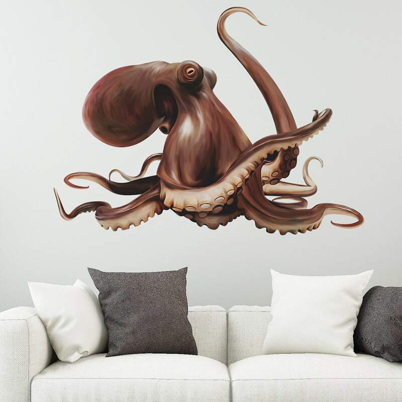 

1set Octopus Print Wall Sticker, Brown