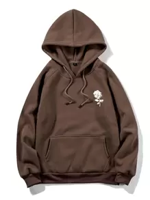 ROMWE MEN Prep Áo hoodie in hoa có túi Kangaroo cho nam - Cà phê nâu - Xem 1