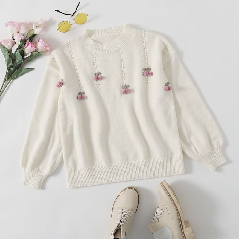 

Cherry Patched Pointelle Knit Sweater, Beige