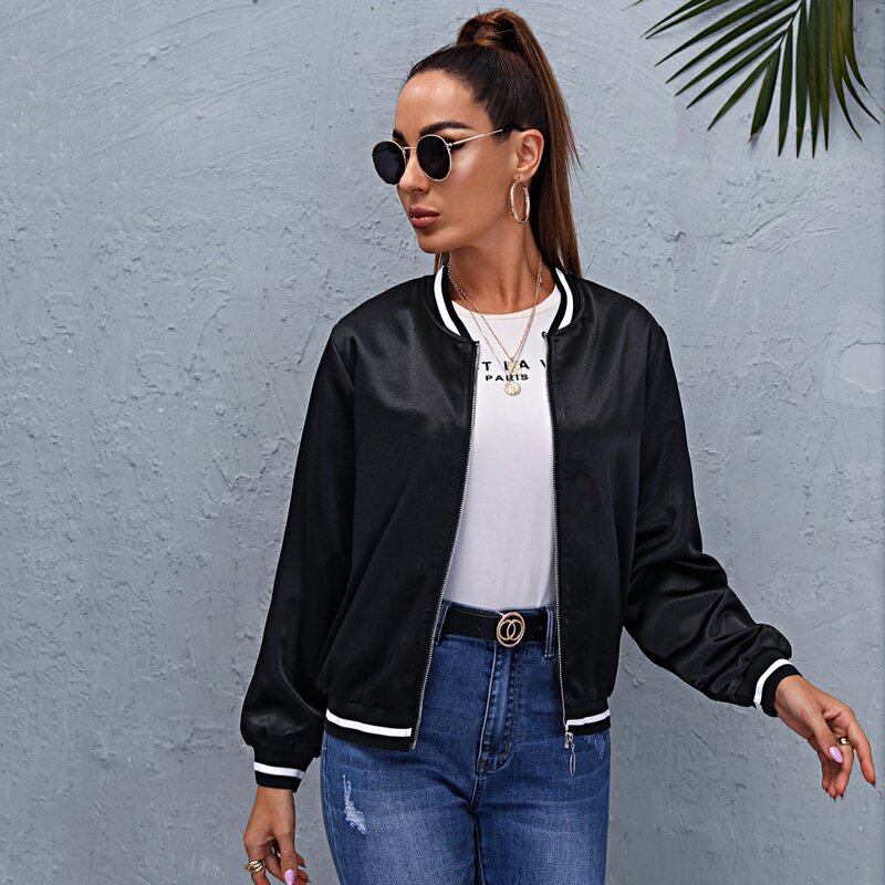 

Zip Up Striped Bomber Jacket, Black