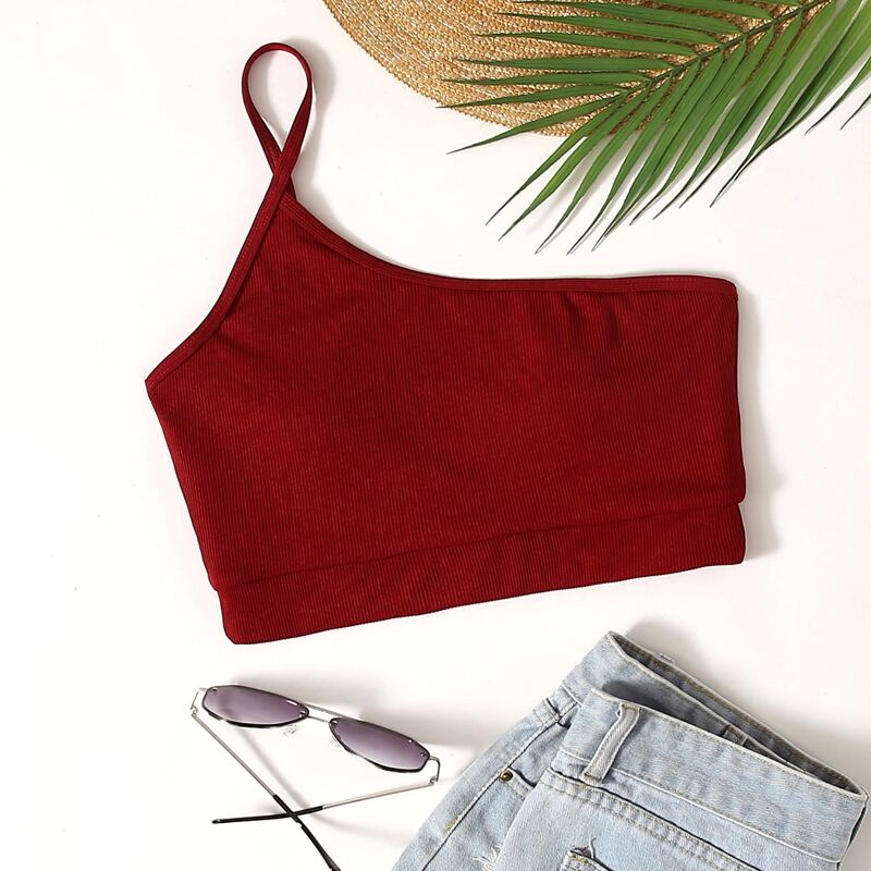 

Ribbed One Shoulder Bikini Top, Burgundy