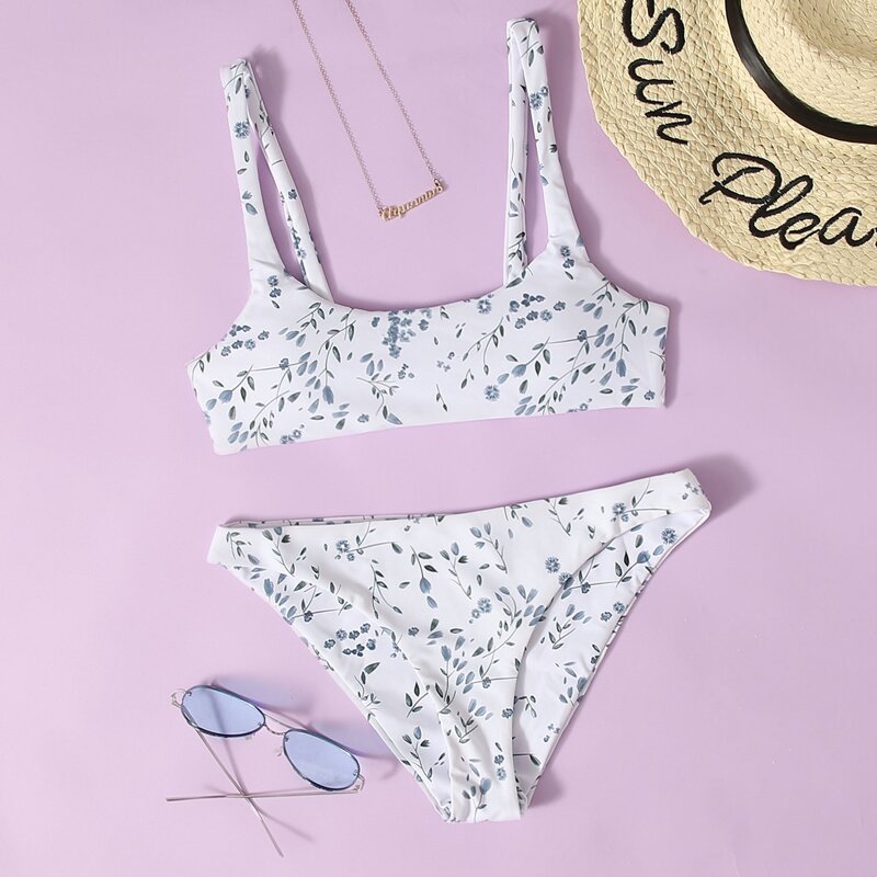 

Floral Cami Bikini Swimsuit, White