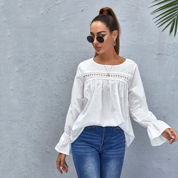 

Flounce Sleeve Guipure Lace Insert Top, White